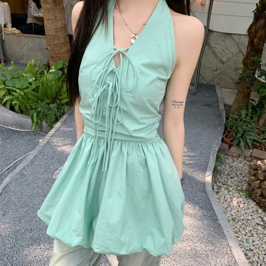 Plain Hem Mini A-Line Bubble V-Neck Skirt Halter Bow