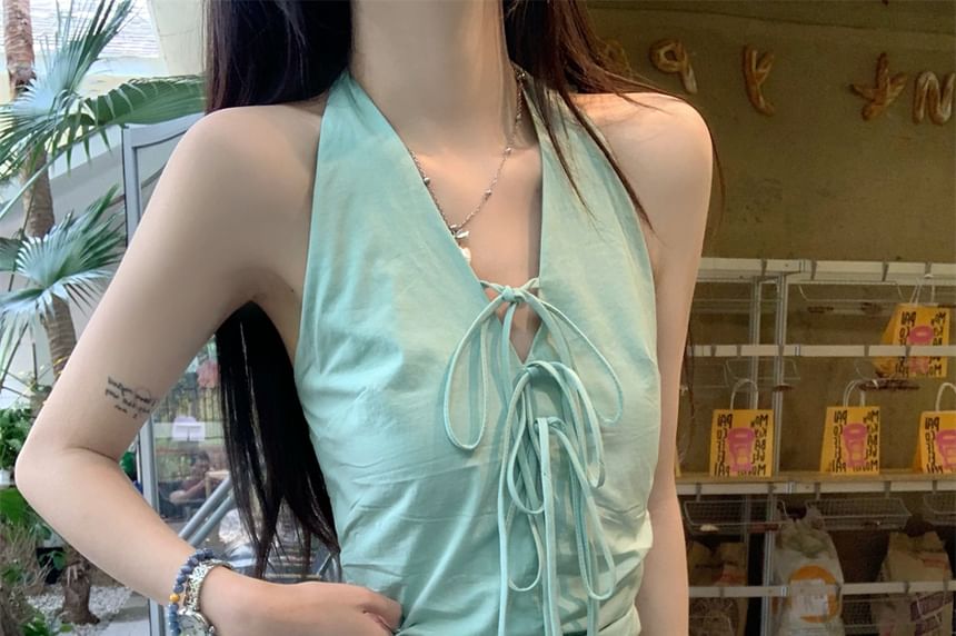 Plain Hem Mini A-Line Bubble V-Neck Skirt Halter Bow