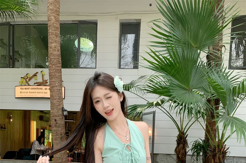 Plain Hem Mini A-Line Bubble V-Neck Skirt Halter Bow