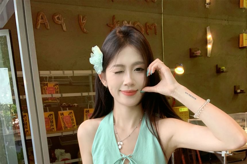 Plain Hem Mini A-Line Bubble V-Neck Skirt Halter Bow