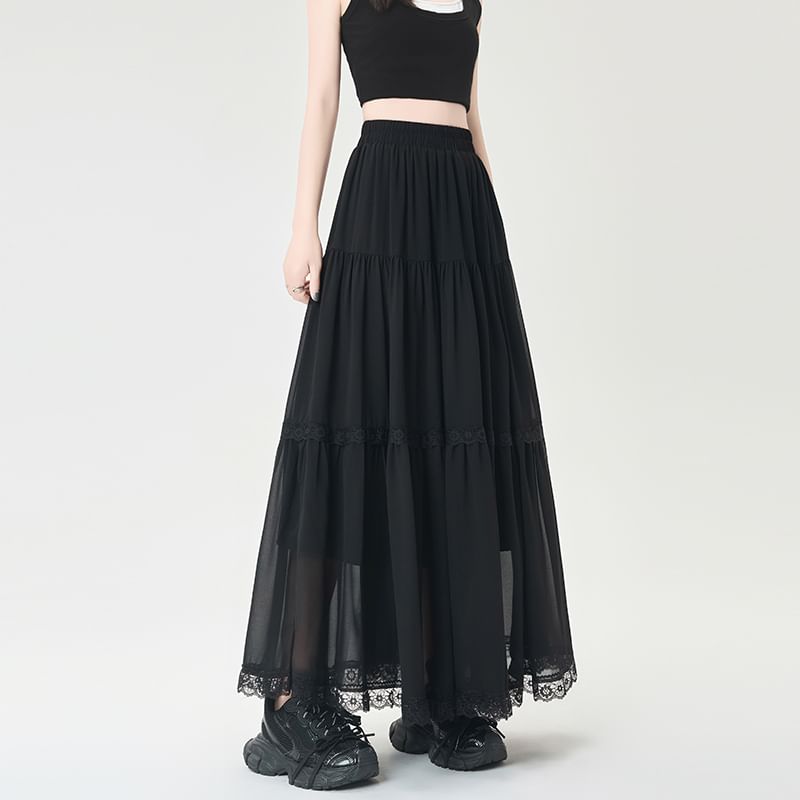 Midi A-Line Lace Waist Trim Elastic Plain Skirt Tiered