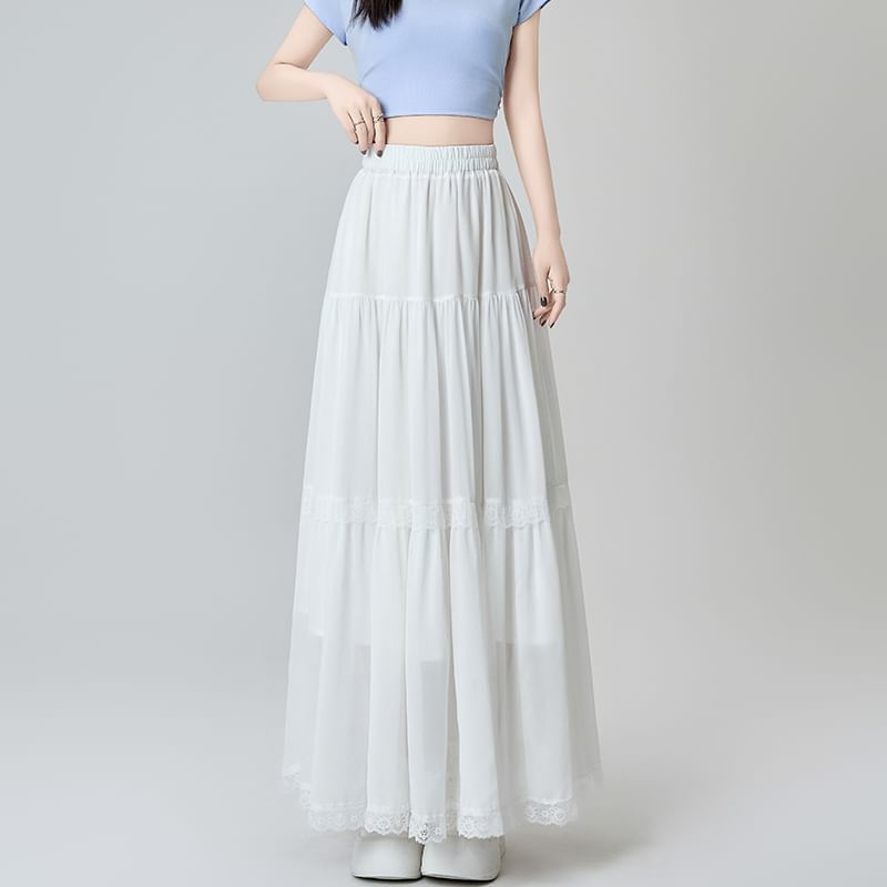 Midi A-Line Lace Waist Trim Elastic Plain Skirt Tiered