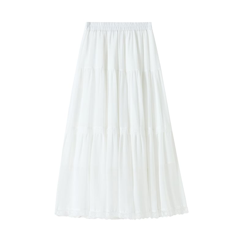 Midi A-Line Lace Waist Trim Elastic Plain Skirt Tiered