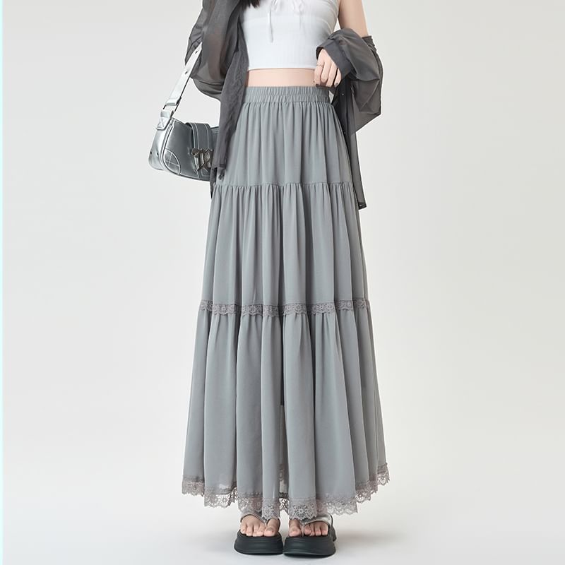 Midi A-Line Lace Waist Trim Elastic Plain Skirt Tiered
