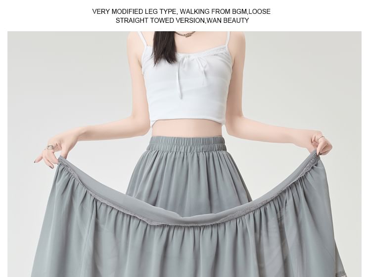 Midi A-Line Lace Waist Trim Elastic Plain Skirt Tiered