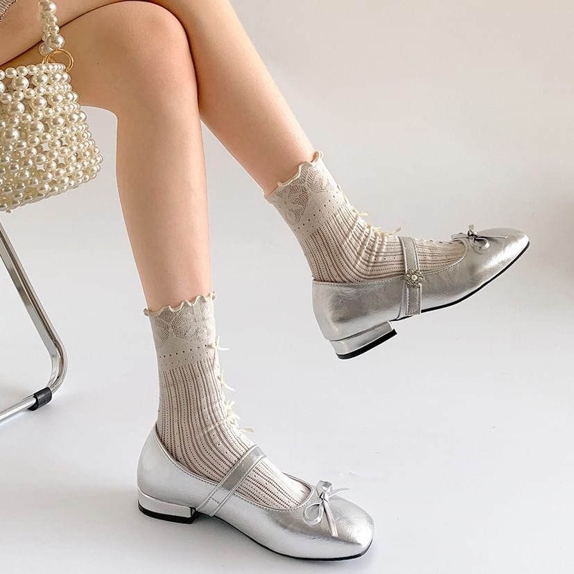 Low Bow Jane Toe Mary Faux Heel Pumps Leather Square