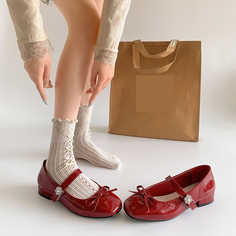 Low Bow Jane Toe Mary Faux Heel Pumps Leather Square