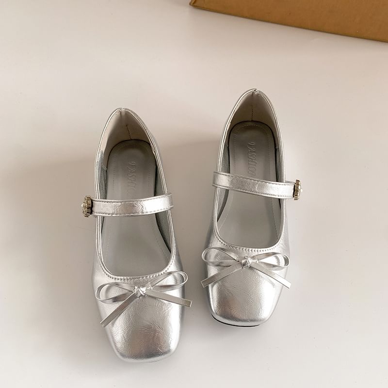 Low Bow Jane Toe Mary Faux Heel Pumps Leather Square