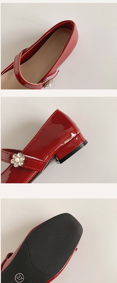 Low Bow Jane Toe Mary Faux Heel Pumps Leather Square