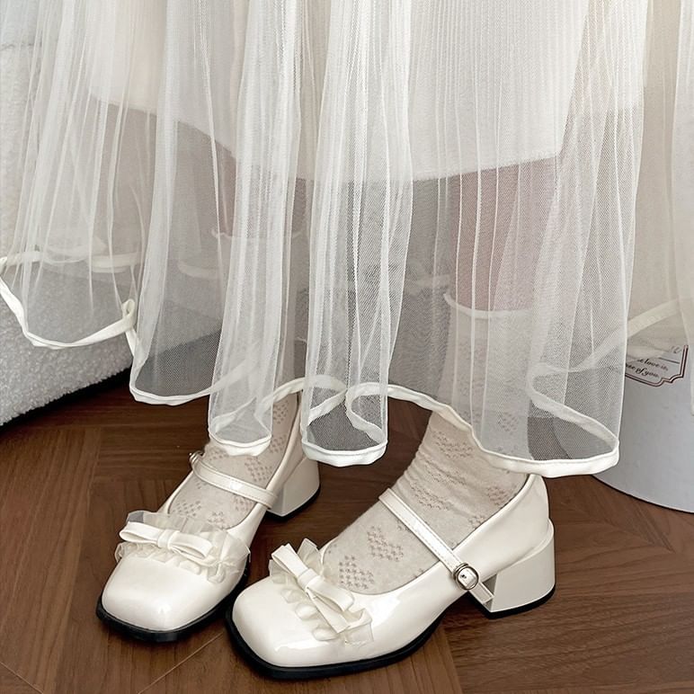 Trim Bow Heel Toe Frill Chunky Jane Mary Pumps Square