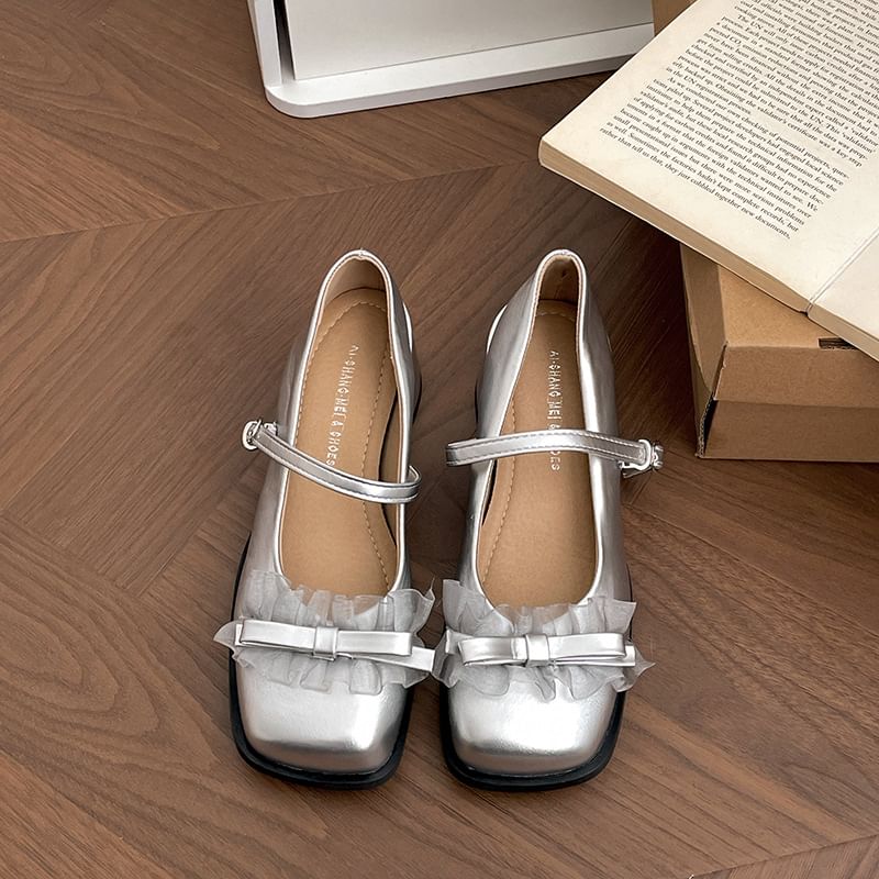 Trim Bow Heel Toe Frill Chunky Jane Mary Pumps Square