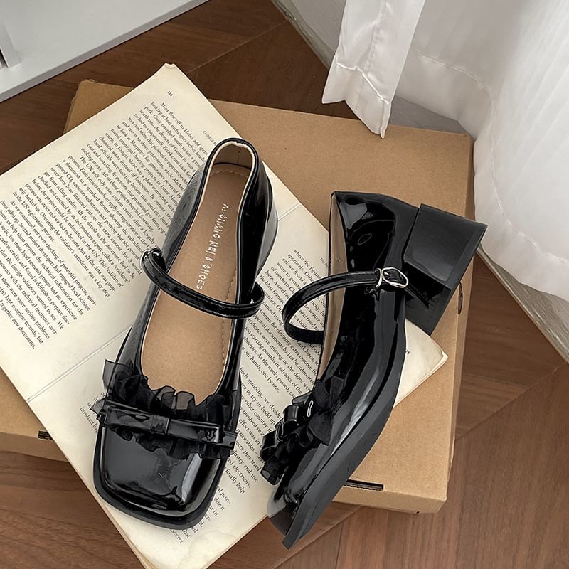 Trim Bow Heel Toe Frill Chunky Jane Mary Pumps Square