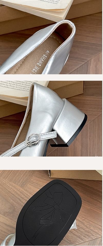 Trim Bow Heel Toe Frill Chunky Jane Mary Pumps Square