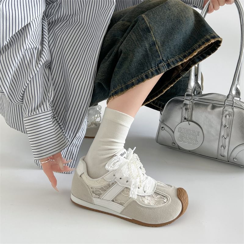 Lace-Up Leather Sneakers Lace Faux Panel Hidden Wedge