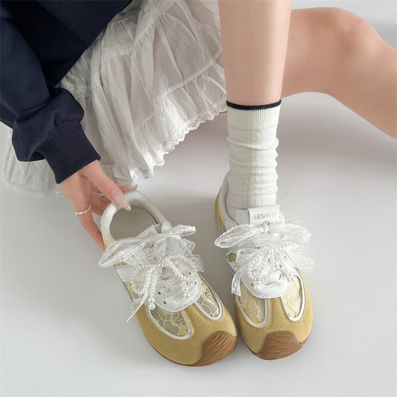 Lace-Up Leather Sneakers Lace Faux Panel Hidden Wedge