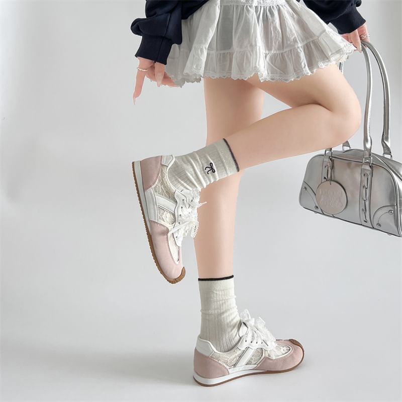 Lace-Up Leather Sneakers Lace Faux Panel Hidden Wedge