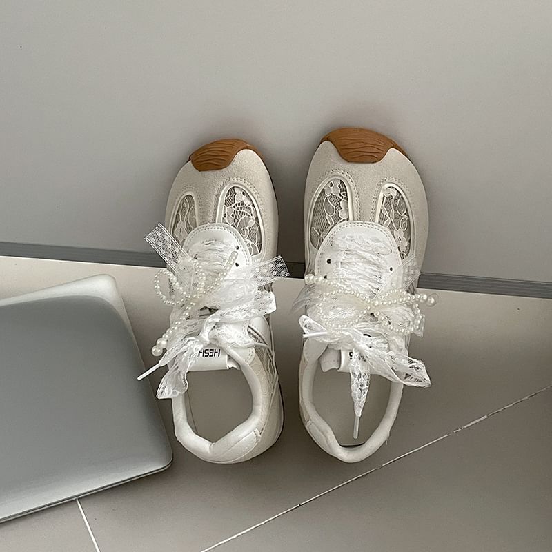 Lace-Up Leather Sneakers Lace Faux Panel Hidden Wedge