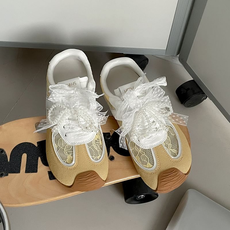 Lace-Up Leather Sneakers Lace Faux Panel Hidden Wedge