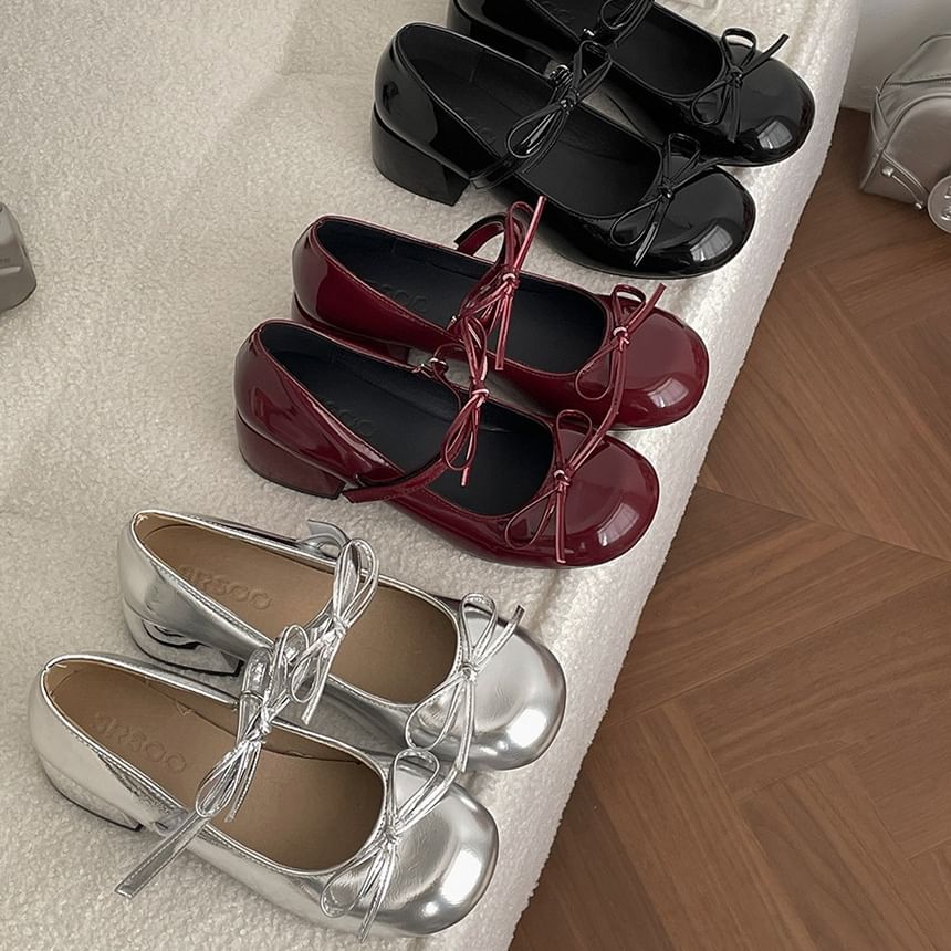 Bow Mary Pumps Heel Chunky Leather Jane Faux