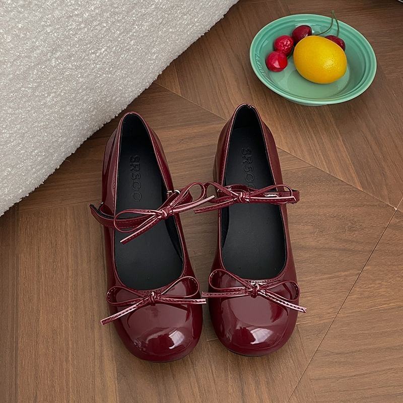 Bow Mary Pumps Heel Chunky Leather Jane Faux