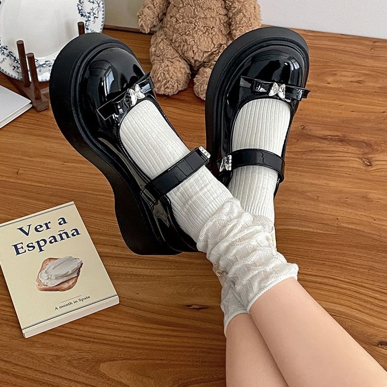 Bow Jane Platform Shoes Butterfly Leather Mary Patent