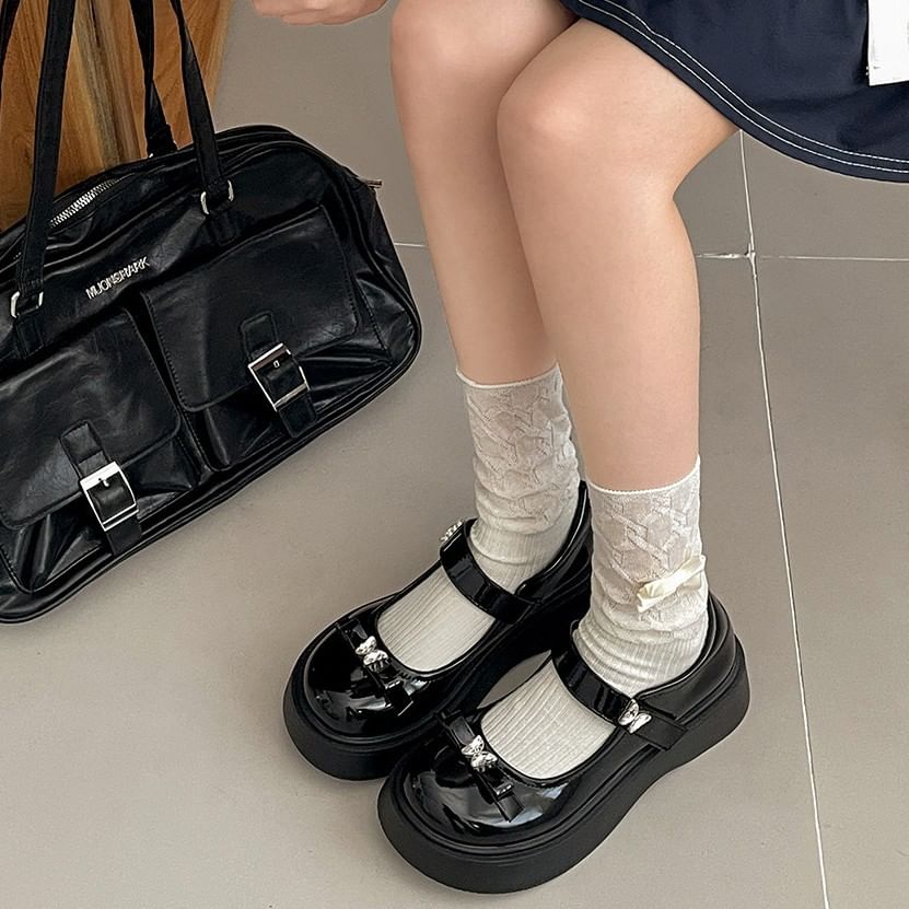 Bow Jane Platform Shoes Butterfly Leather Mary Patent