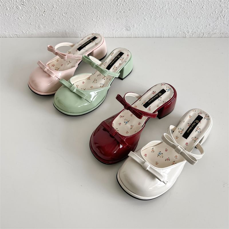 Heel Sandals Bow Chunky Patent Leather