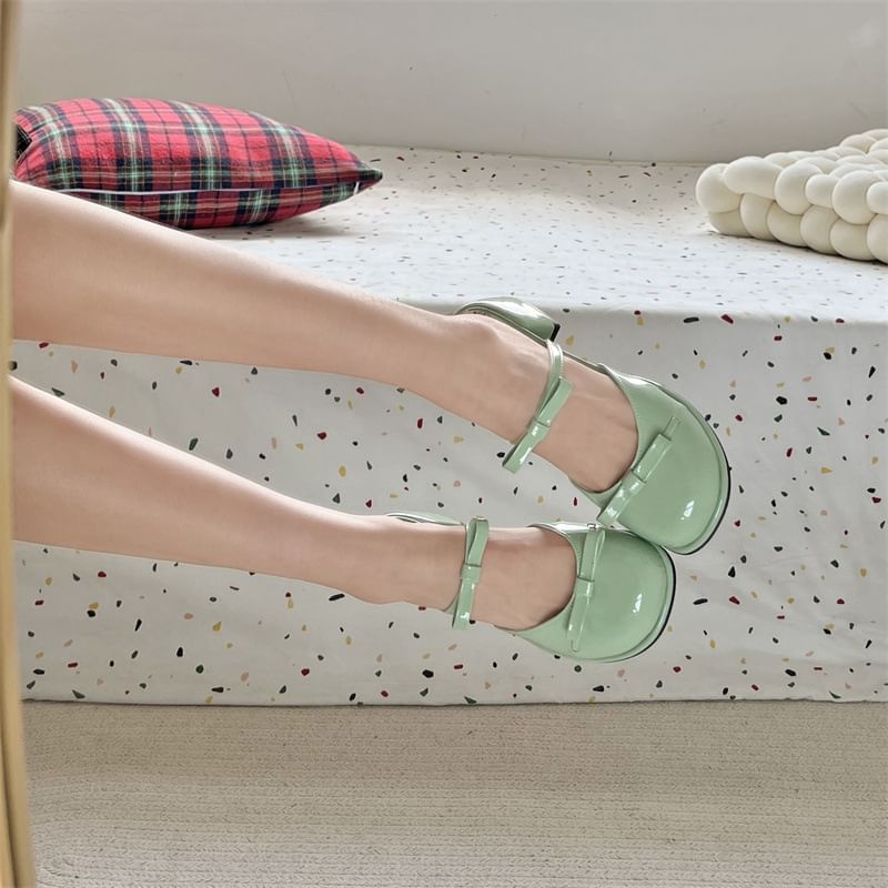 Heel Sandals Bow Chunky Patent Leather