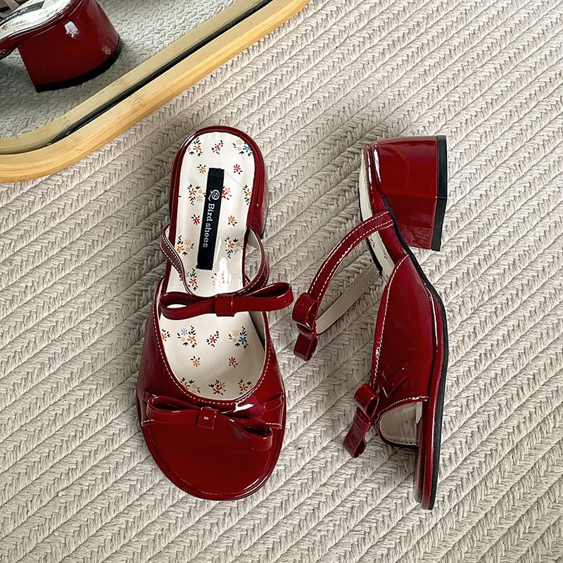 Heel Sandals Bow Chunky Patent Leather