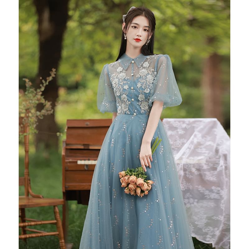 Puff-Sleeve Collar Embroidered Flower Evening A-Line Gown Sequin