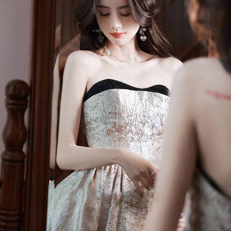 Strapless Asymmetrical Evening Gown A-Line Patterned