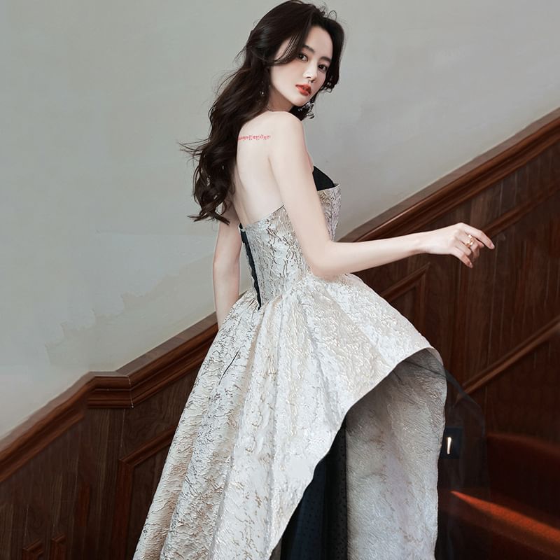 Strapless Asymmetrical Evening Gown A-Line Patterned