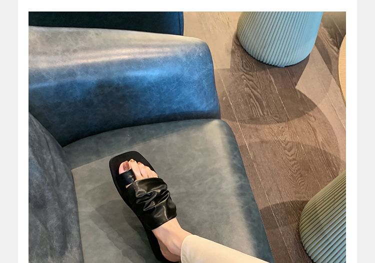 Leather Square Slide Sandals Ruched Faux Loop Toe