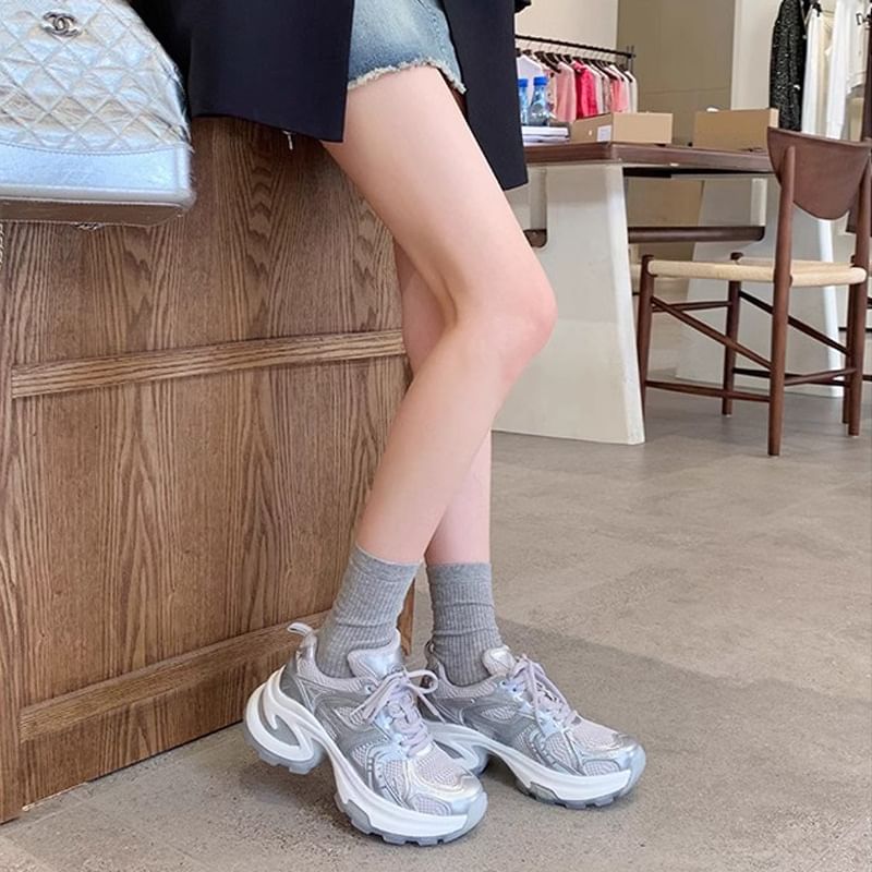 Lace-Up Platform Genuine Sneakers Panel Leather Mesh