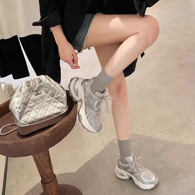 Lace-Up Platform Genuine Sneakers Panel Leather Mesh