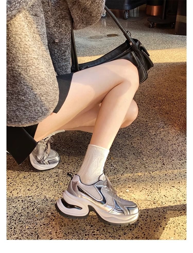 Lace-Up Platform Genuine Sneakers Panel Leather Mesh