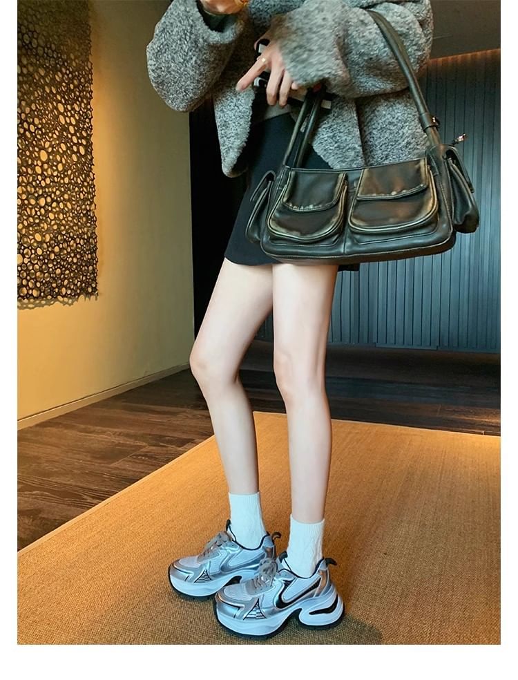 Lace-Up Platform Genuine Sneakers Panel Leather Mesh