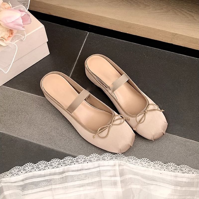 Mary Satin Hidden Bow Round Toe Mules Wedge Jane