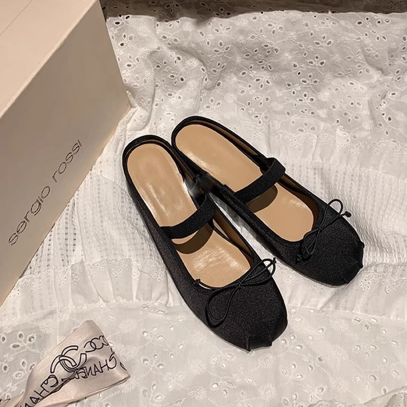 Mary Satin Hidden Bow Round Toe Mules Wedge Jane