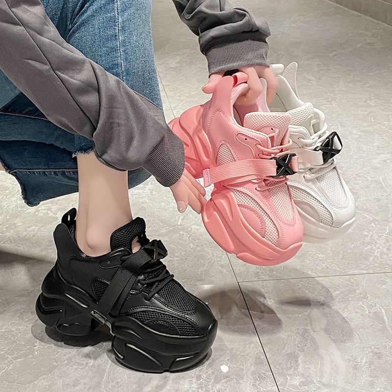 Platform Buckled Lace-Up Sneakers Mesh