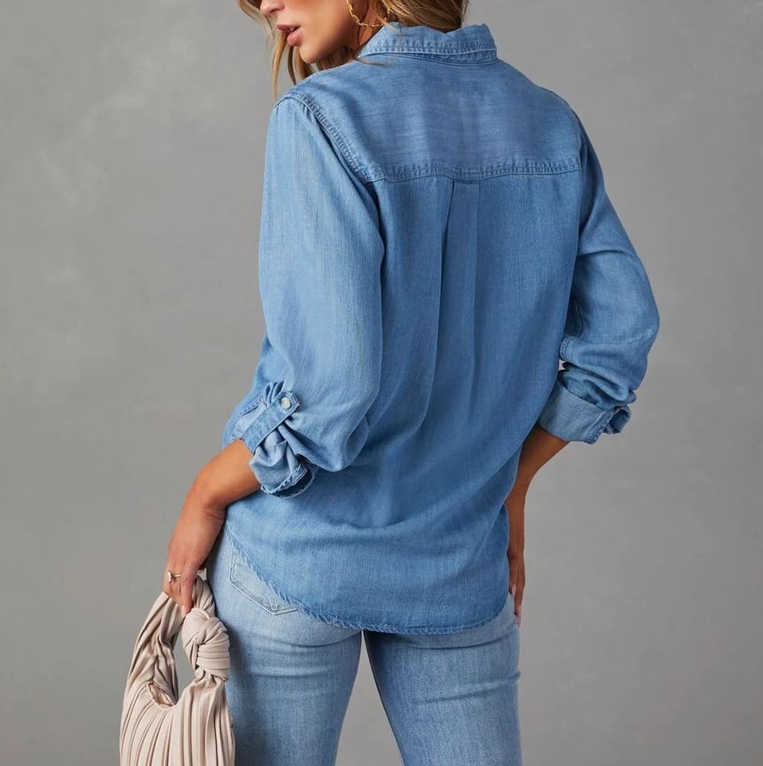 V-Neck Denim Shirt Sleeve Long Loose-Fit