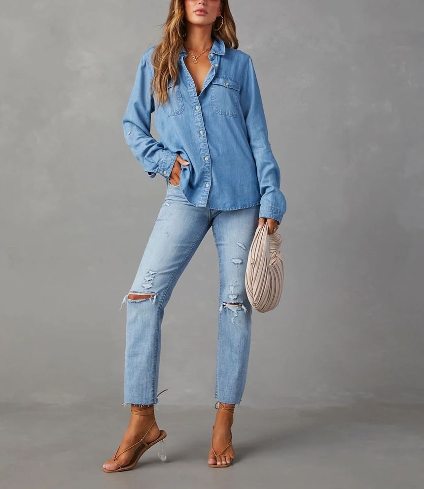 Long Sleeve Shirt V-Neck Denim Loose-Fit