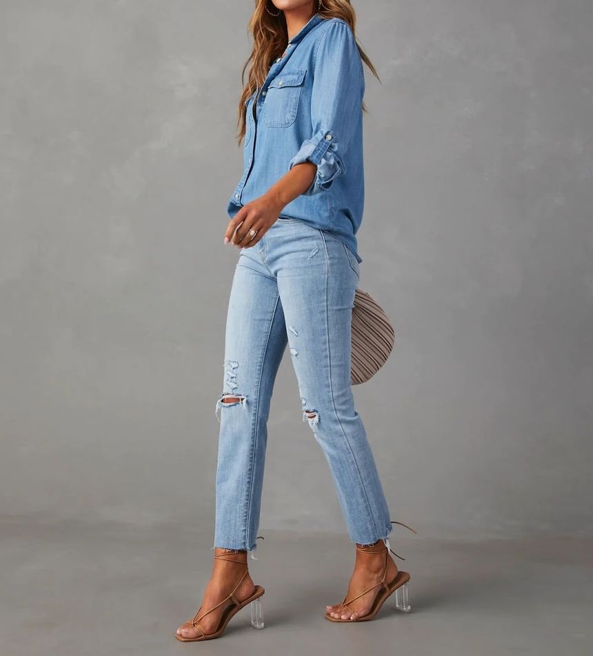 Long Sleeve Shirt V-Neck Denim Loose-Fit