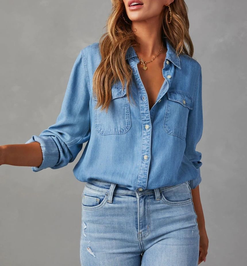 Long Sleeve Shirt V-Neck Denim Loose-Fit