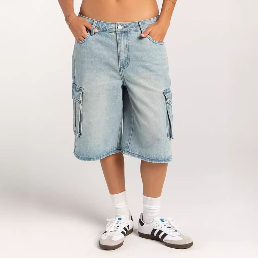 Shorts Waist Pocket Washed Low Wide-Leg Denim