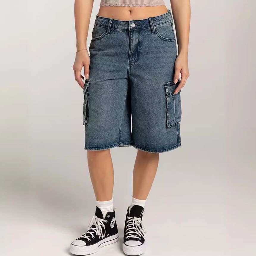 Denim Shorts Pocket Wide-Leg Low Waist Washed