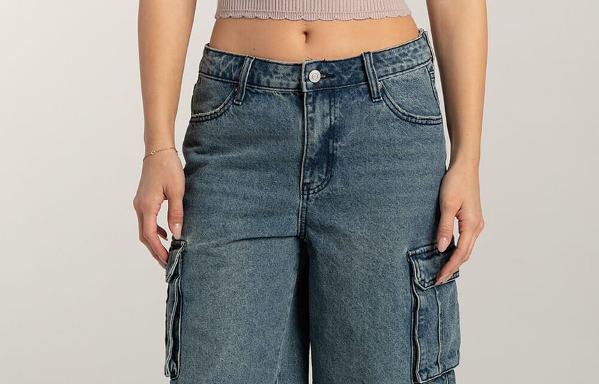 Shorts Waist Pocket Washed Low Wide-Leg Denim