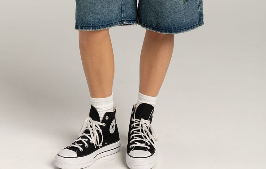 Shorts Waist Pocket Washed Low Wide-Leg Denim