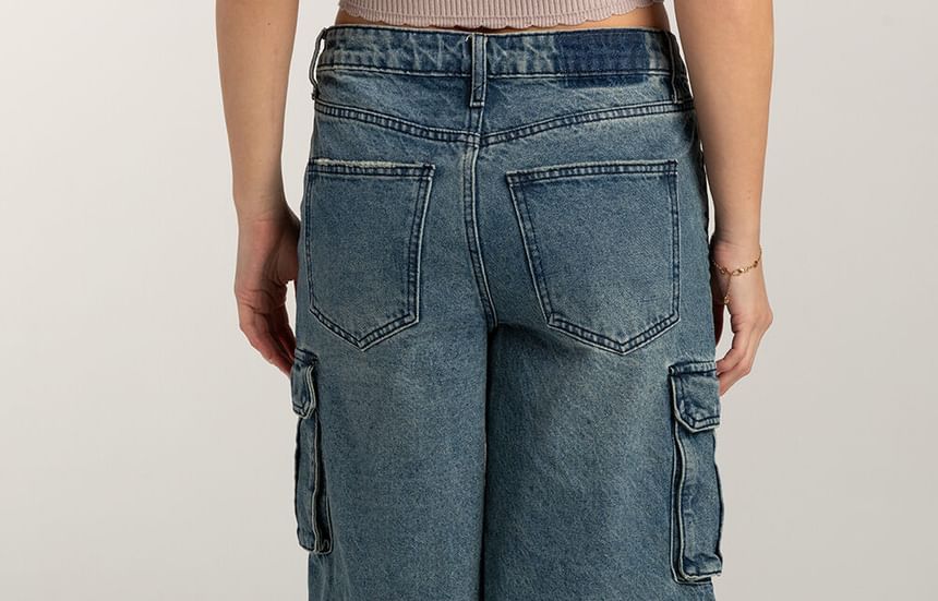 Shorts Waist Pocket Washed Low Wide-Leg Denim