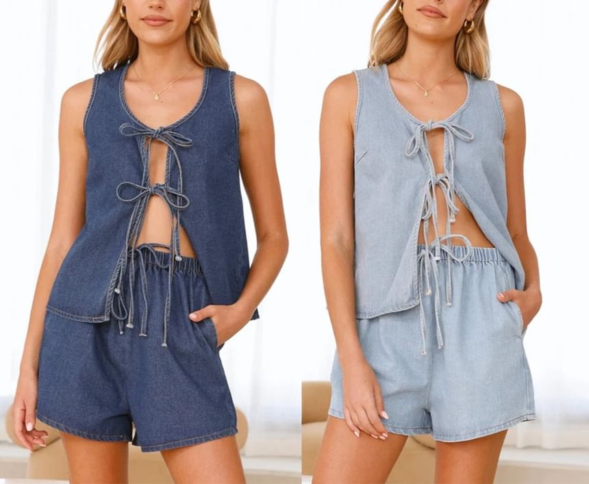 Waist Denim High Tie-Front Mini V-Neck Wide-Leg + Top Set: Tank